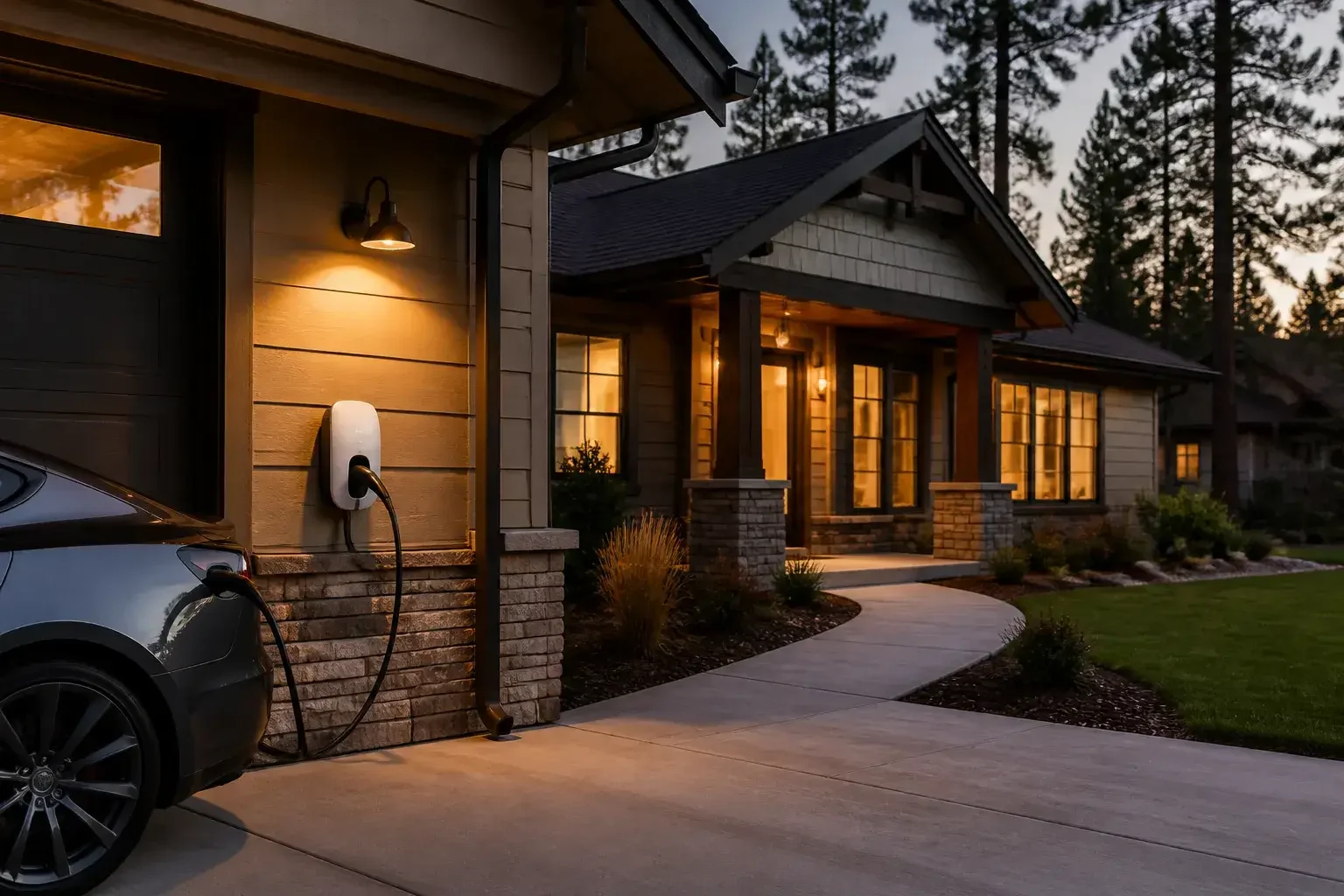 Finished Spokane home exterior with an EV charger beside a driveway