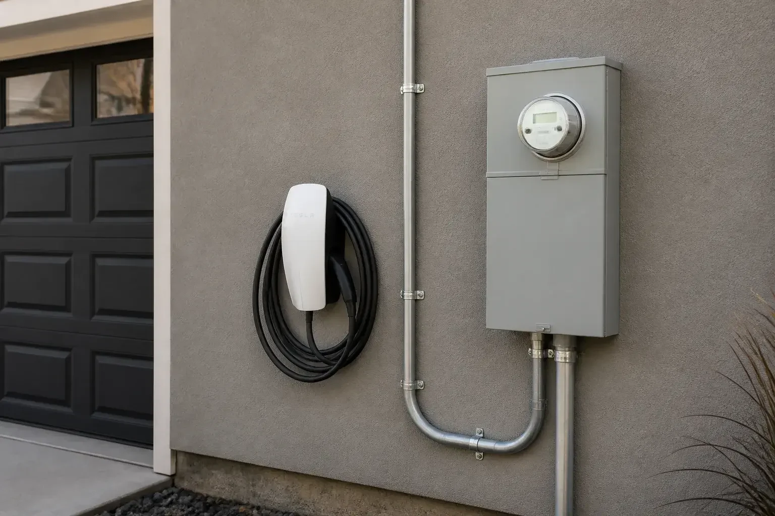 Neatly installed EV charger on a clean exterior wall