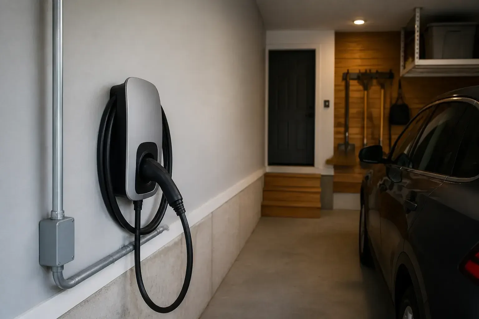 Wall-mounted EV charger in a clean garage