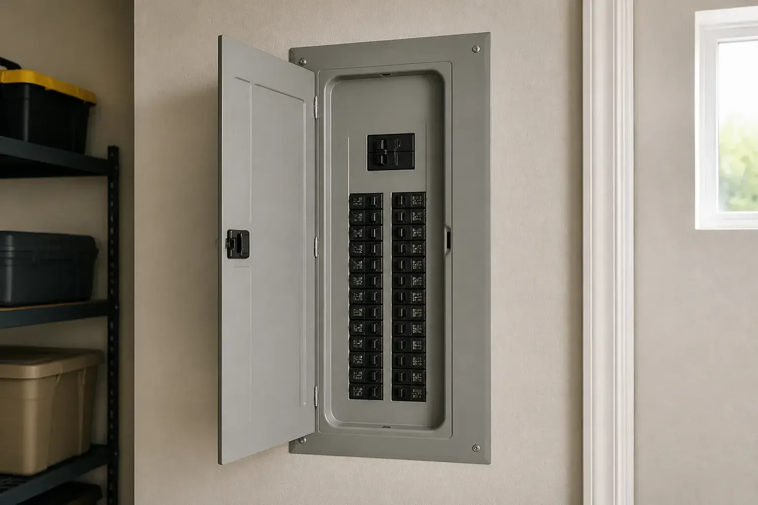Modern electrical panel in a tidy utility room