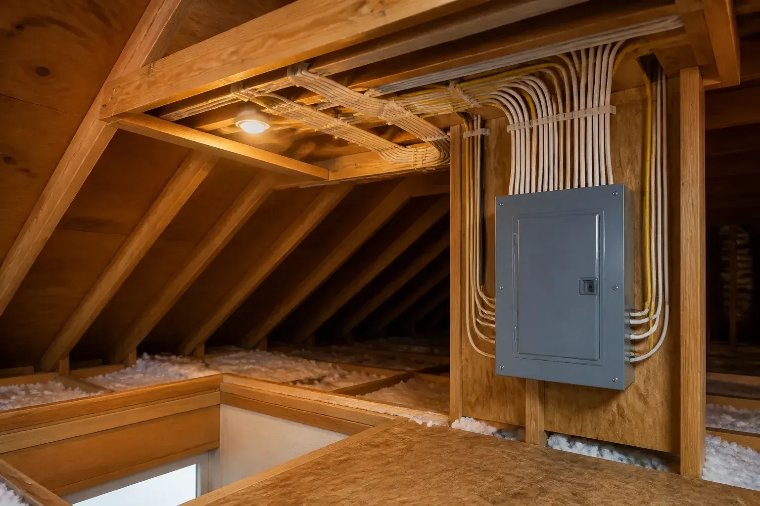 Neatly run wiring in a finished attic access area