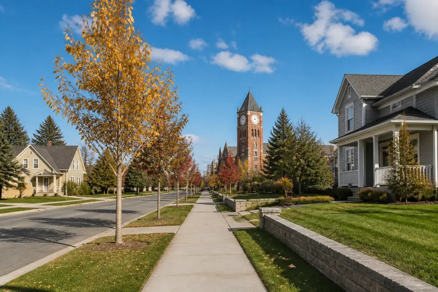 Quiet Cheney street with homes and open sky