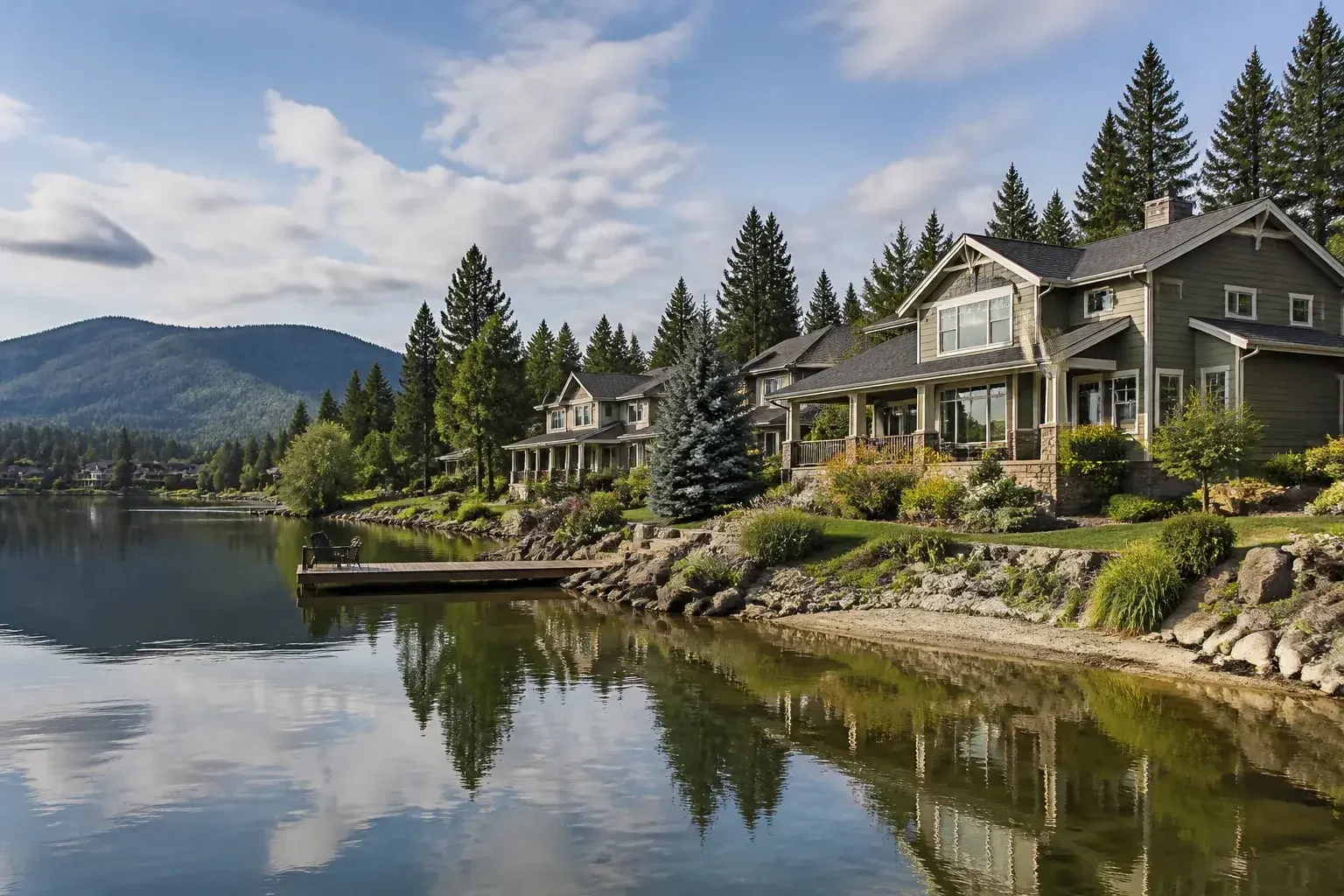 Liberty Lake neighborhood with homes, trees, and calm water