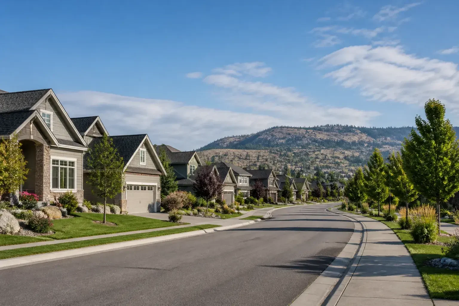 Spokane Valley suburban street with homes and foothills