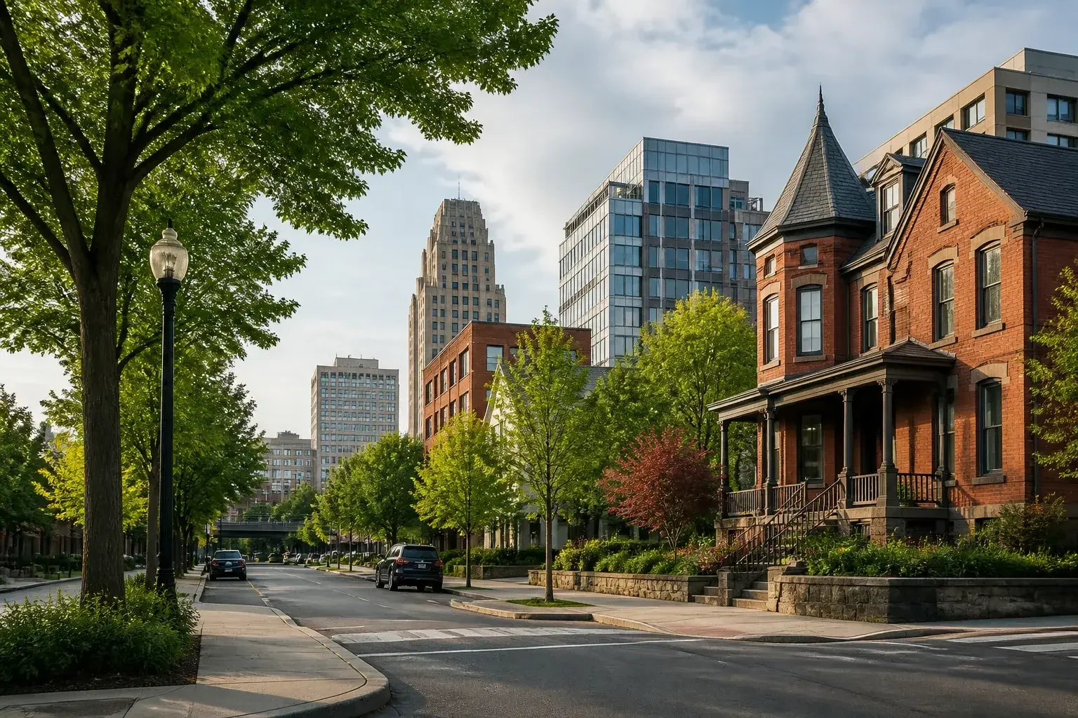 Spokane neighborhood street with trees and mixed buildings