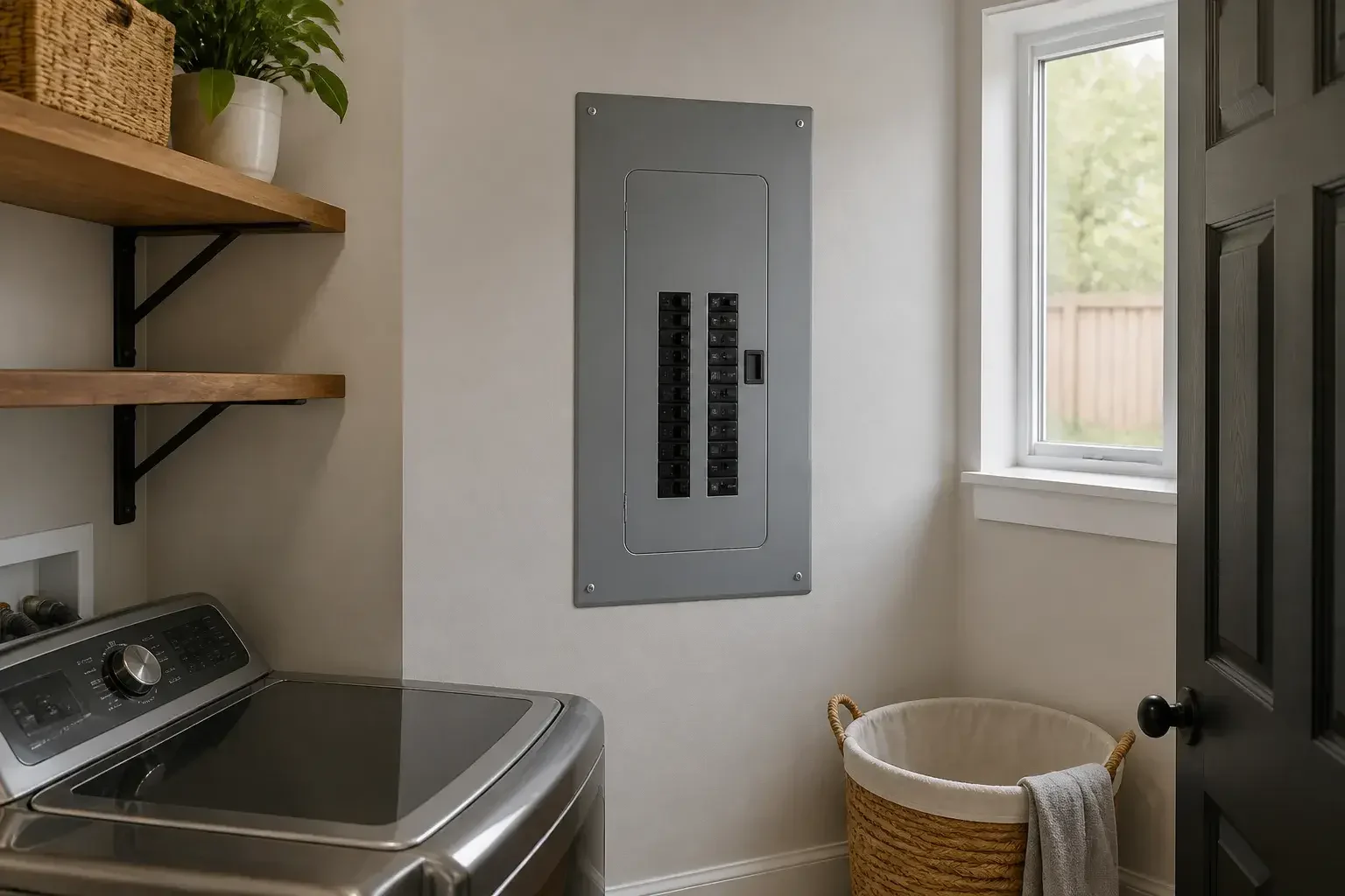 Finished breaker panel in a clean laundry room