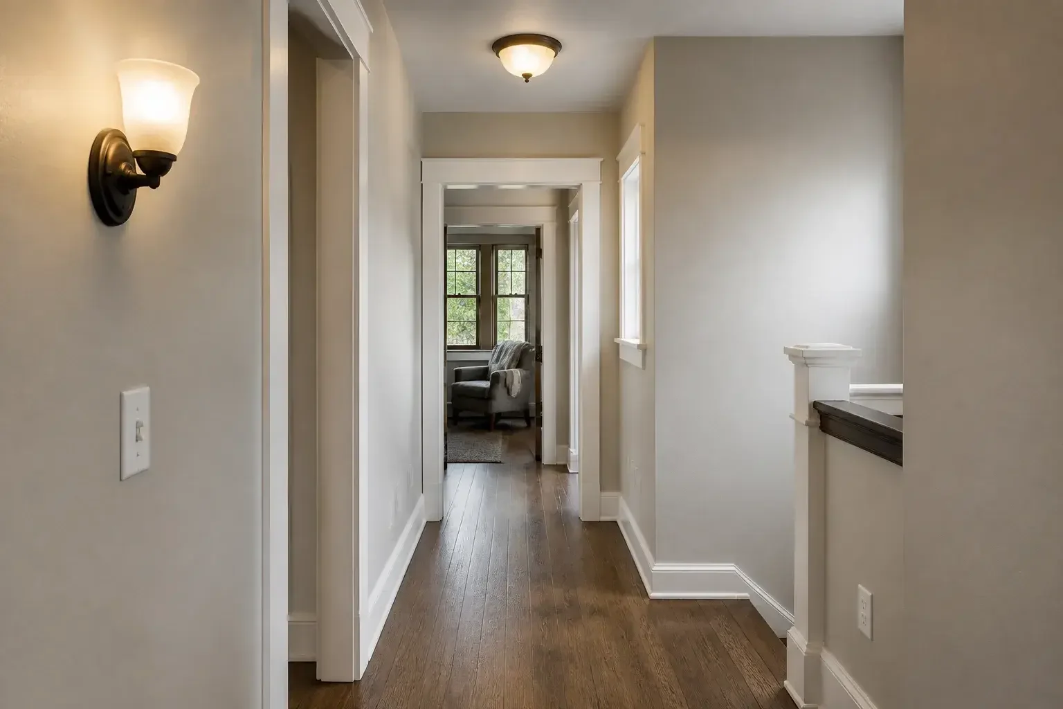Finished hallway in a rewired home with updated outlets